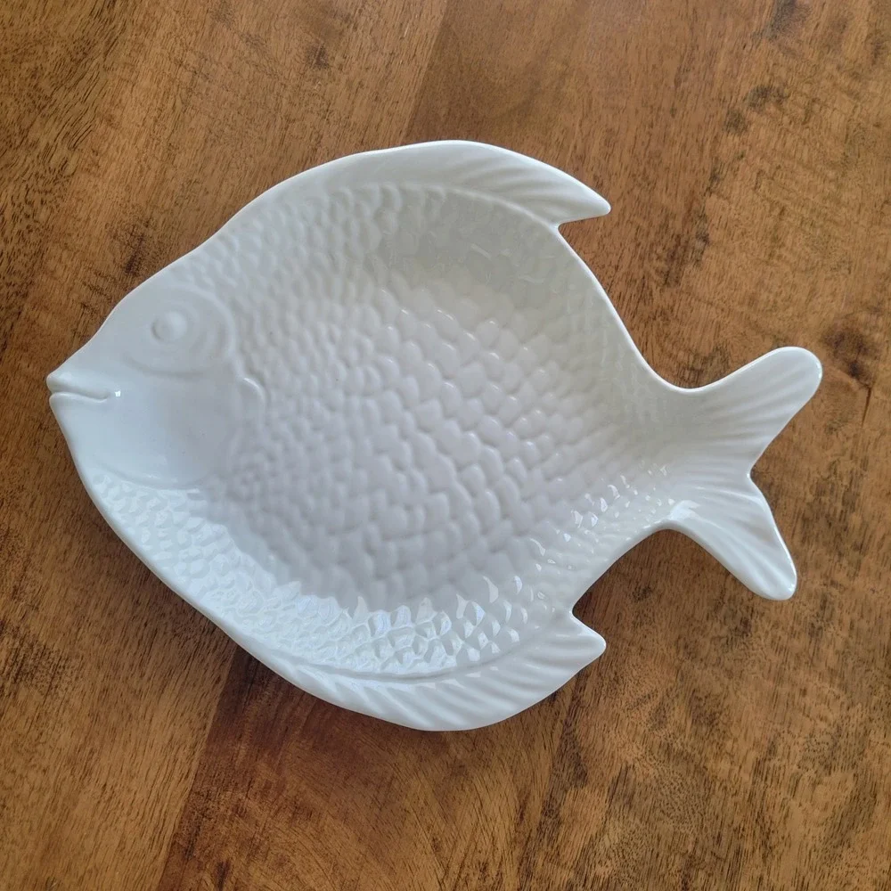 Pottery Barn Seashore Fish Plate Small White Ceramic Coastal Serving Dish